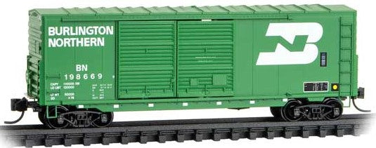 Micro-Trains 40' Double-Door Boxcar No Roofwalk & High Ladders - Ready to Run -- Burlington Northern #198669 (Cascade Green, white, Large Logo) - 489-6800570