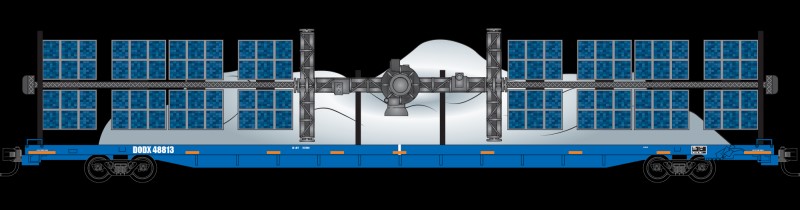 Micro-Trains 89'4" TOFC Intermodal Flatcar w/Mystery Balloon Load Kit - Ready to Run -- Department of Defense #48813 (blue, yellow) - 489-7100610