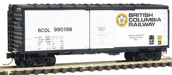 Micro-Trains 40' Standard Boxcar w/Single Door & Tall Ladders, No Roofwalk -- British Columbia Railway #990198 (white, black roof & ends) - 489-7300060