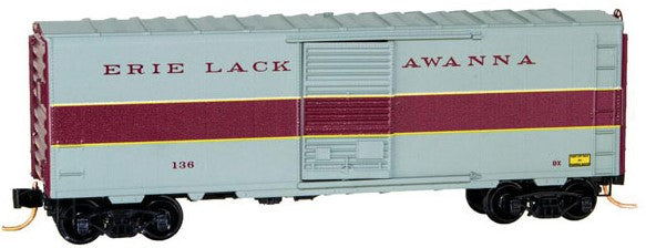 Micro-Trains 40' Single-Door Boxcar No Roofwalk - Ready to Run -- Erie-Lackawanna #136 (Express Scheme, gray, maroon, yellow) - 489-7300170