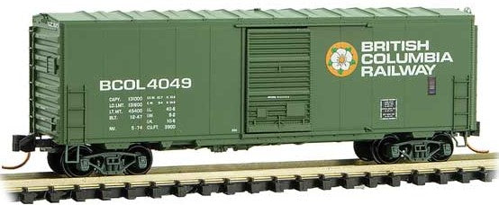Micro-Trains 40' Single-Door Boxcar No Roofwalk - Ready to Run -- British Columbia Railway BCOL 4049 (green, Dogwood Logo) - 489-7300510
