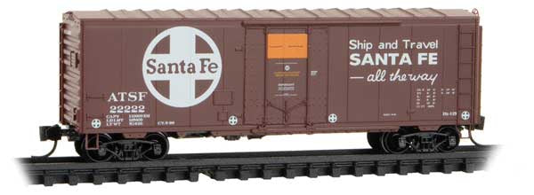 Micro-Trains N 40' Plug-Door Boxcar No Roofwalk - Ready to Run -- Santa Fe #22222 (boxcar Red, white, orange, Ship and Travel Slogan)