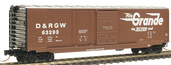 Micro-Trains 50' Plug & Sliding Door Boxcar No Roofwalk - Ready to Run -- Denver & Rio Grande Western #63290 (Boxcar Red, Large Flying Grande)