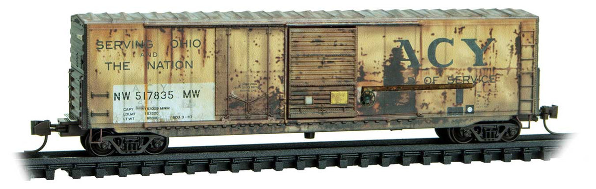 50' Plug & Sliding Door Boxcar No Roofwalk, Separate Door Hdwe - Ready to Ru -- Akron, Canton & Youngstown NW #517835 MW (Weathered, yellow, NS Family #1)