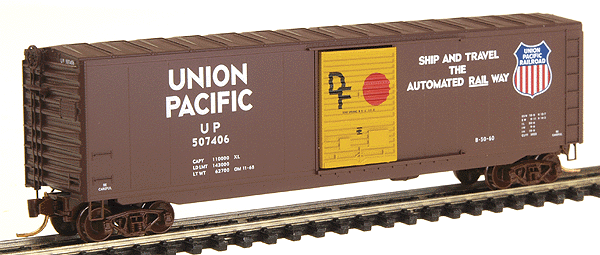 Micro-Trains 50' Single-Door Boxcar No Roofwalk - Ready to Run -- Union Pacific #507405 (Synthetic Red, yellow Door, Ship and Travel Slogan) - 489-7700050