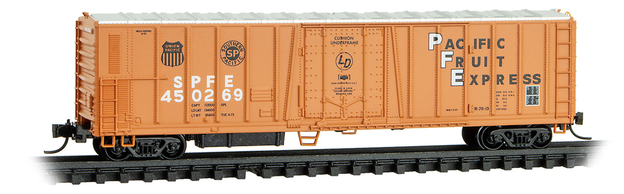 Micro-Trains N PC&F Class R-70-13 Steel Mechanical Reefer No Roofwalk - Ready to Run -- Pacific Fruit Express #450269 (orange, black, white, UP and SP Logos)