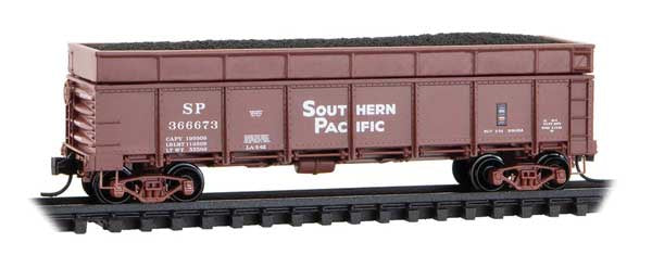 Micro-Trains N 40' Drop-Bottom Gondola w/Side Extensions & Cinder Load- Ready to Run -- Southern Pacific #366673 (Boxcar Red, Sans Serif Lettering)