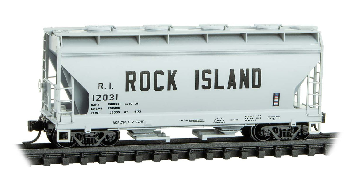Micro-Trains N ACF 39' 2-Bay Center-Flow Covered Hopper - Round Hatches - Ready to Run -- Rock Island #12031 (gray, black)