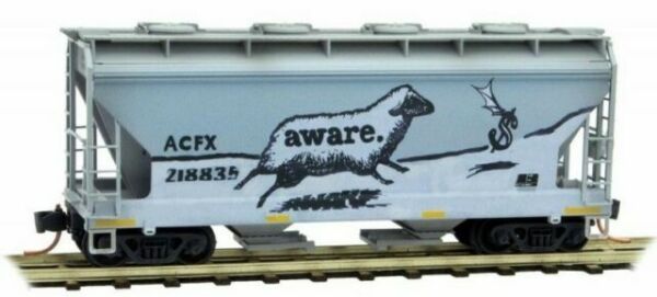 Micro-Trains ACF 39' 2-Bay Center-Flow Covered Hopper w/Round Hatches - Ready to Run -- ACFX #218835 (Weathered, gray, white, Aware Sheep Graffiti) - 489-9244330