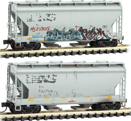 Micro-Trains ACF 39' 2-Bay Center-Flow Covered Hopper - Round Hatches 2-Pack - Ready to Run -- Norfolk Southern 233015, 233026 (Weathered, gray, black, Graffiti) - 489-9244460