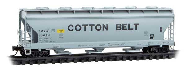 Micro-Trains 093 00 210 N ACF 3-Bay Center Flow Covered Hopper w/Round Hatches - Ready to Run -- Cotton Belt SSW #73994 (gray, black)