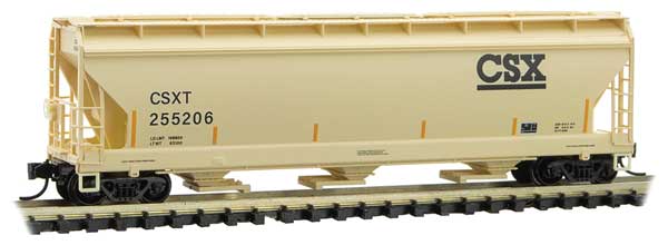 Micro-Trains ACF 3-Bay Center Flow Covered Hopper with Elongated Hatches - Ready to Run -- CSX 255206 (tan, black, yellow conspicuity marks) - 489-9400610