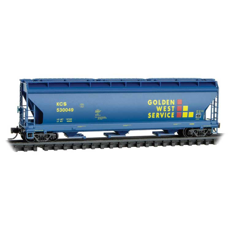 ACF 3-Bay Center Flow Covered Hopper with Elongated Hatches - Ready to Run -- Kansas City Southern #530049 (Ex-Golden West, blue, yellow, red)