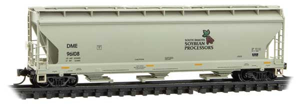 ACF 3-Bay Center Flow Covered Hopper with Elongated Hatches - Ready to Run -- South Dakota Soybean Processors DME #96108 (gray, brown, green)