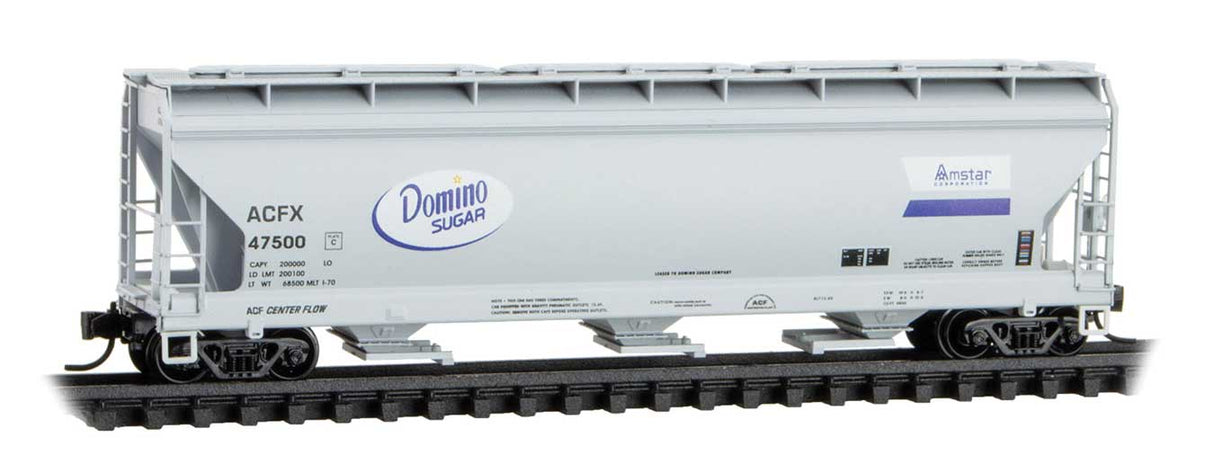 Micro-Trains N ACF 3-Bay Center Flow Covered Hopper with Elongated Hatches - Ready to Run -- Domino Sugar ACFX #47500 (gray, blue, white)