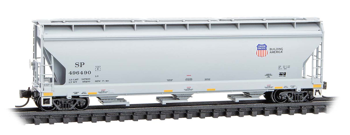 Micro-Trains 094 00 970 N ACF 3-Bay Center Flow Covered Hopper with Elongated Hatches - Ready to Run -- Union Pacific SP #496490 (gray, Building America Logo, yellow conspicuity ma