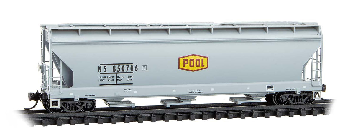 Micro-Trains 094 00 980 N ACF 3-Bay Center Flow Covered Hopper with Elongated Hatches - Ready to Run -- Norfolk Southern #850706 (Ex-Pool Co-Op, gray, yellow, red)