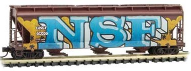 Micro-Trains ACF 3-Bay Center Flow Covered Hopper with Elongated Hatches - Ready to Run -- BNSF Railway 402200 (Weathered, Boxcar Red, NSF Graffiti) - 489-9444430