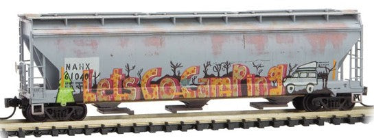 Micro-Trains ACF 3-Bay Center Flow Covered Hopper with Elongated Hatches - Ready to Run -- NAHX 61040 (Weathered, gray, Lets Go Camping Graffiti) - 489-9444650