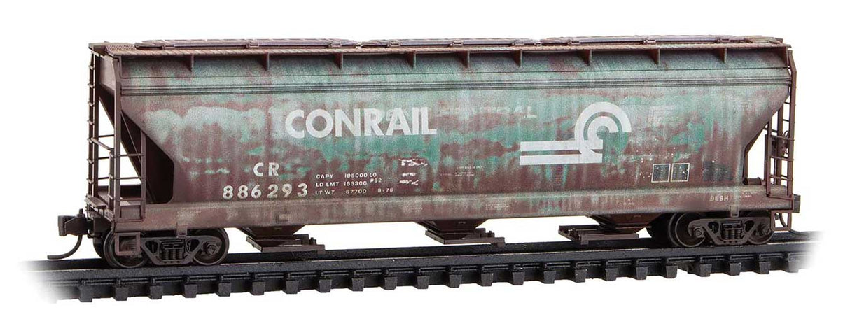 Micro-Trains 094 44 960 N ACF 3-Bay Center Flow Covered Hopper with Elongated Hatches - Ready to Run -- Conrail #886293 (Weathered, Boxcar Red, Jade Green CR Series #1)