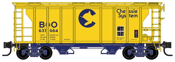 Micro-Trains N PS-2 2-Bay Covered Hopper - Ready to Run -- Chessie System B&O #631664 (yellow, blue)