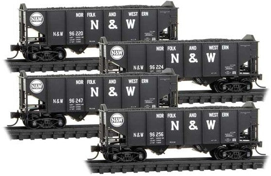 Micro-Trains 2-Bay Rib-Side Hopper 4-Pack w/Jewel Cases - Ready to Run -- Norfolk & Western #96220, 96224, 96247, 96256 (black, Block N&W, Hamburger L - 489-98300195