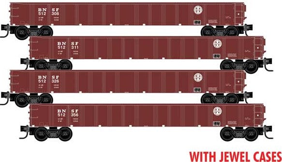 Micro-Trains 50' 15-Panel Fixed-End Gondola 4-Pack in Jewel Cases - Ready to Run -- BNSF Railway #512308, 512311, 512326, 512356 (Boxcar Red, Circle/Cross Logo) - 489-98300198