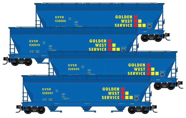Micro-Trains ACF 3-Bay Center Flow Covered Hopper w/Elongated Hatches 4-Pack - Ready to Run -- Golden West Service GVSR #528001, 528005, 530043, 538000 Jewel (blue, yellow - 489-98300199