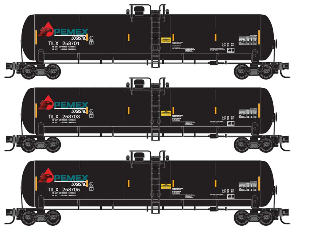 Micro-Trains 56' General-Service Tank Car 3-Pack Jewel Cases - Ready to Run -- Pemex #258701, 258703, 258705 (black, red, teal) - 489-98300211