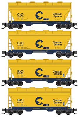 Micro-Trains ACF 39' 2-Bay Center-Flow Covered Hopper Round Hatches 4-Pack - Ready to Run -- Chessie System B&O #604752, 604789, 605055, 605095 (yellow, blue) Jewel Case - 489-98300213