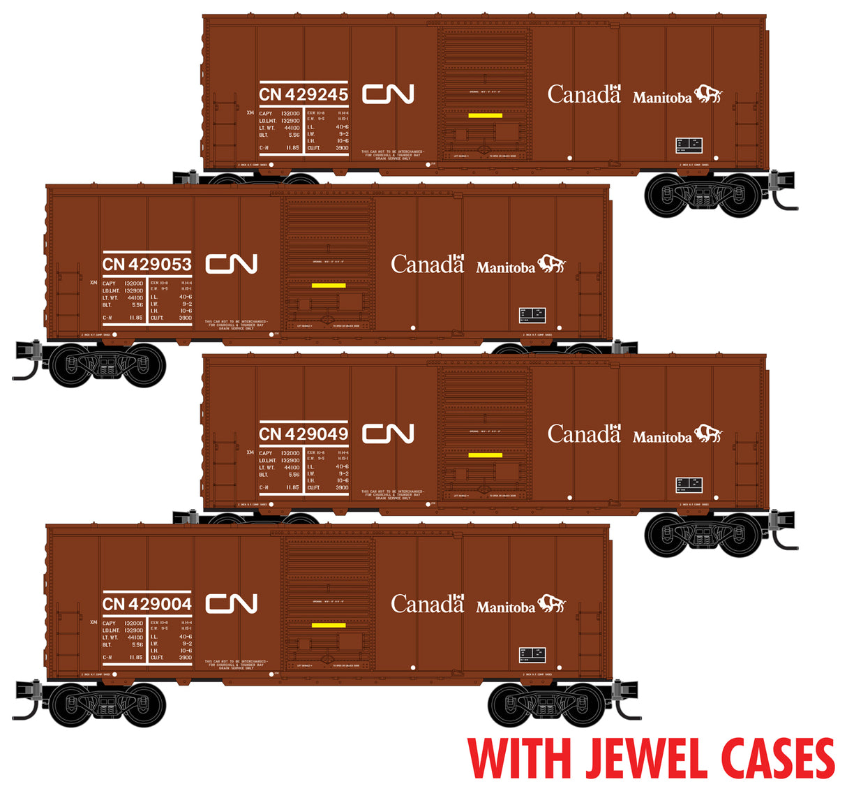 40' Single Door Boxcar 4-Pack Jewel Cases - No Roofwalk - Ready to Run -- Canadian National #429004, 429049, 429053, 429245 (Boxcar Red, Buffalo)