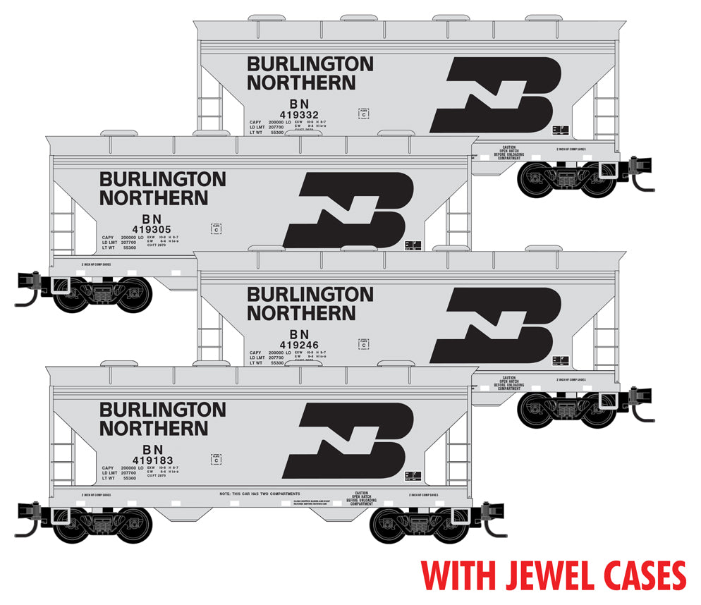 ACF 39' 2-Bay Center-Flow Covered Hopper 4-Pack, Ready to Run, Jewel Case -- Burlington Northern #419183, 419246, 419305, 419332 (gray, black, Large Logo