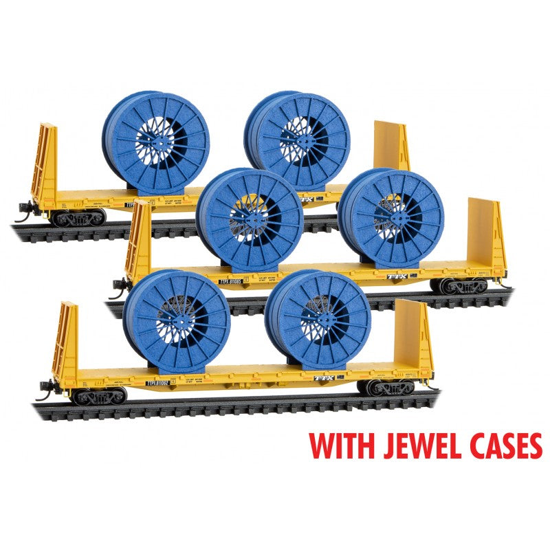 Micro-Trains N 61' 8" Bulkhead Flatcar w/Cable Reel Load 3-Pack - Ready to Run Jewel Case -- TTX TTPX (yellow, black)