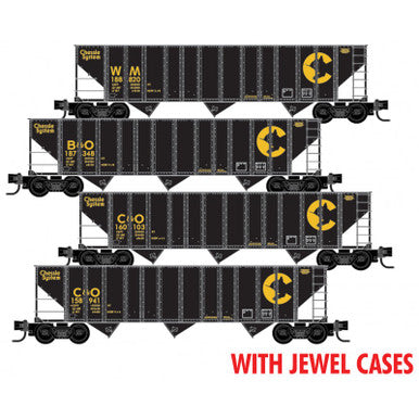 Micro-Trains 100-Ton 3-Bay Ribside Open Hopper w/Coal Load 4-Pack - Ready to Run - Jewel Ca -- Chessie System WM #188820, B&O #187348, C&O #160103, 158941 (black, yellow) - 489-98300217