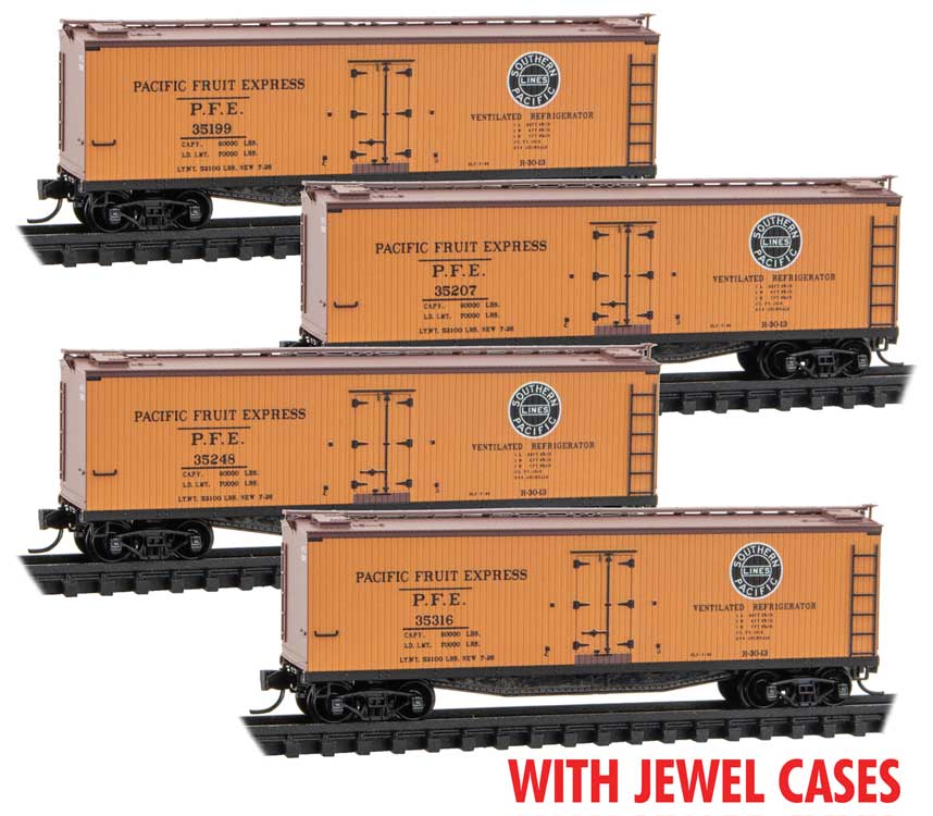 40' Wood Reefer w/Vertical Brake Wheel 4-Pack - Ready to Run - Jewel Case -- Pacific Fruit Express #35316, 35248, 35207, 35199, yellow, UP Overland Logo)