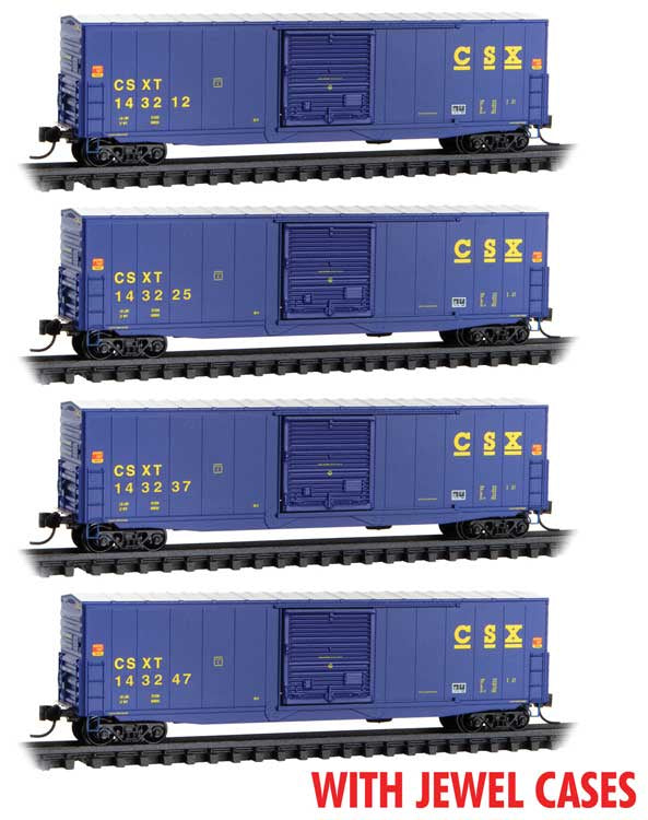 Micro-Trains N 50' Boxcar with 10' Door, No Roofwalk 4-Pack - Ready to Run Jewel Case -- CSX #143237, 143247, 143225, 143212 (blue, yellow)