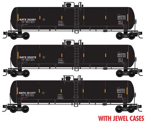 Micro-Trains N 56' General-Service Tank Car 3-Pack - Ready to Run - Jewel Case -- North American NATX #252281, 252278, 251377 (black, yellow, conspicuity mark