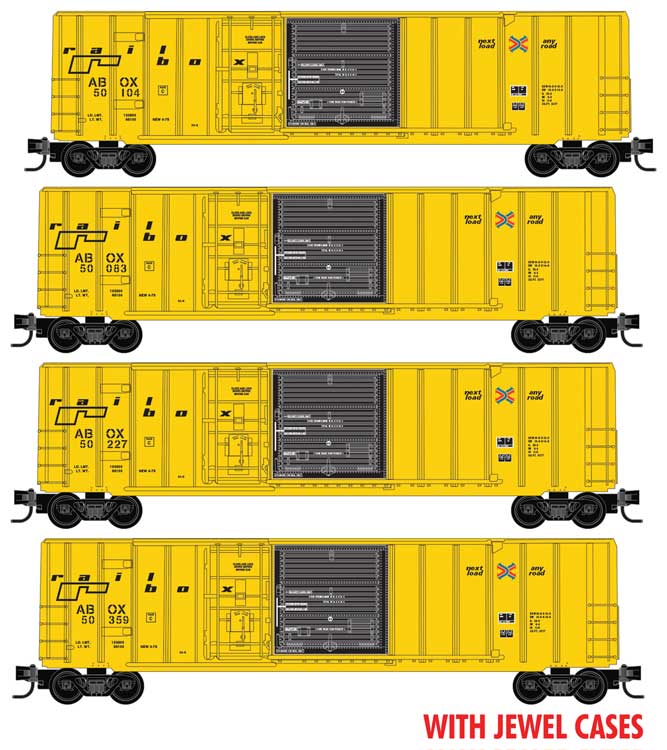 50' Rib-Side Plug & Sliding Door Boxcar 4-Pack - Ready to Run - Jewel Case -- Railbox #50083, 50104, 50227, 50359, yellow, black, Small Logos)