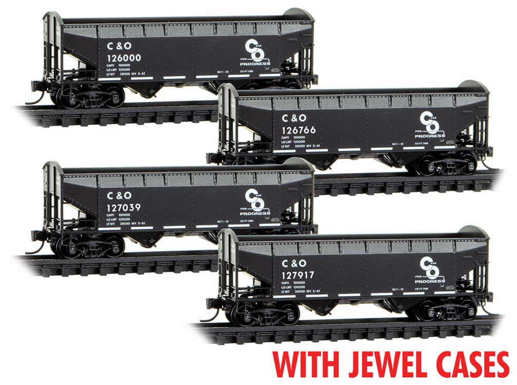 33' 2-Bay Offset-Side Hopper 4-Pack - Ready to Run - Jewel Case -- Chesapeake & Ohio #126000, 126766, 127039, 127917 (black, white)