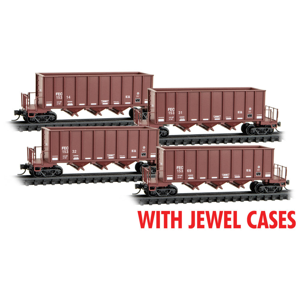 Micro-Trains N Ortner 3-Bay Rapid Discharge Hopper 4-Pack - Ready to Run Jewel Case -- Florida East Coast #15314, 15332, 15369, 15331 (Boxcar Red, white frame mark