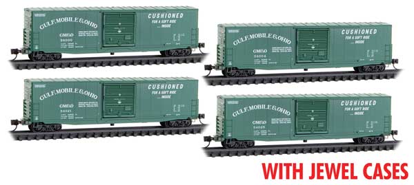 50' Boxcar with 10' Door, No Roofwalk, Short Ladders 4-Pack - Ready to Run -- Gulf, Mobile & Ohio #58000, 58004, 58021, 58025 (green, Soft Ride Slogan)
