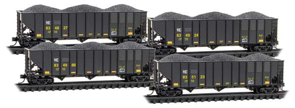100-Ton 3-Bay Ribside Open Hopper w/Coal Load 4-Pack - Ready to Run -- Wheeling & Lake Erie #834827, 834924, 834986, 835123 (Ex-CSX, black)