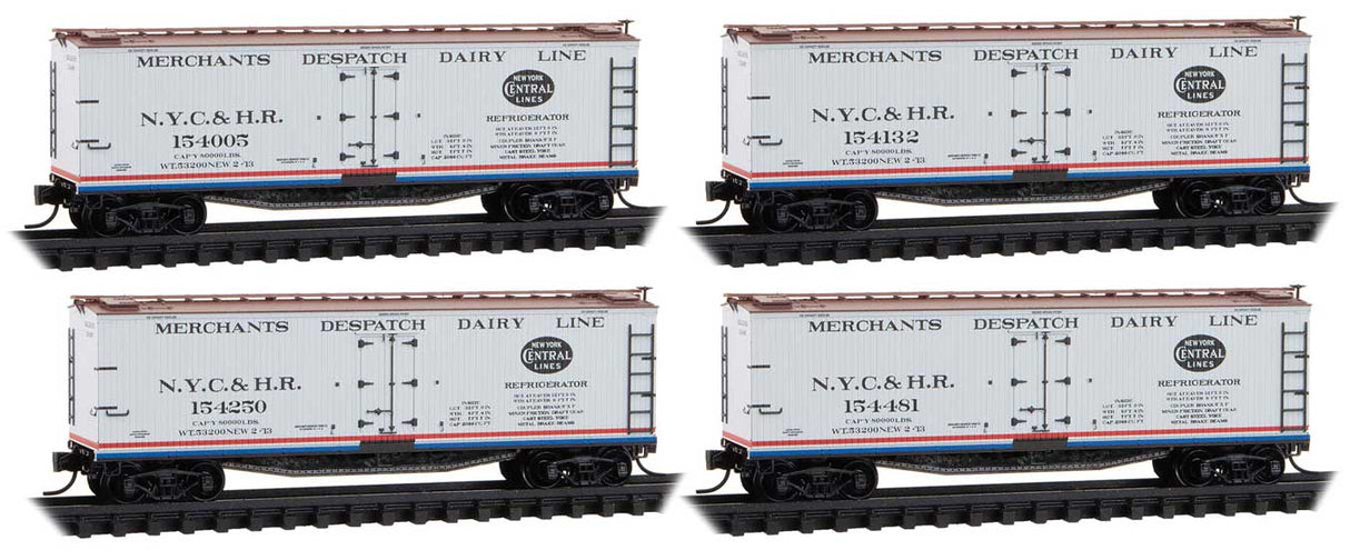 Micro-Trains 983 00 236 N 40' Double-Sheathed Wood Reefer w/Vertical Brake Wheel 4-Pack - Ready to Run -- New York Central & Hudson River #154005, 154250, 154132, 154481 (white)