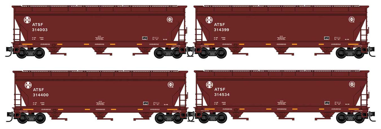 ACF 3-Bay Center Flow Covered Hopper with Elongated Hatches - Ready to Run -- Santa Fe #314399, 314534, 314400, 314003 (SPSF Merger Scheme, red, yellow)