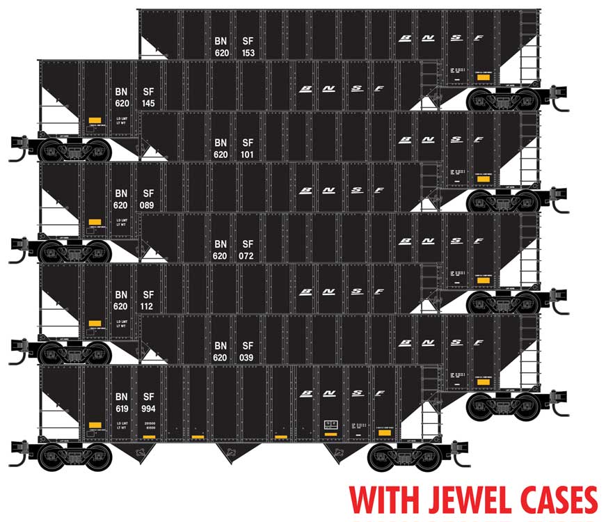 100-Ton 3-Bay Ribside Open Hopper w/Coal Load 8-Pack - Ready to Run Jewel Case -- BNSF Railway #620153, 620145, 620101, 620072, 620112, 620039, 619994 (black)