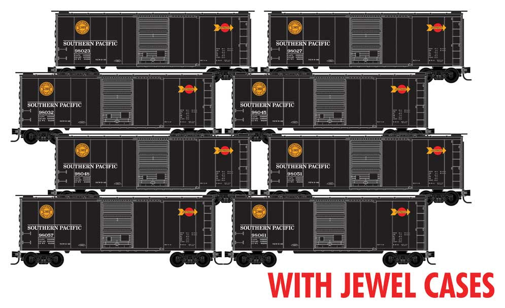 40' Single-Door Boxcar 8-Pack - Ready to Run - Jewel Case -- Southern Pacific (Overnights, black, red, yellow) - 983 00 827