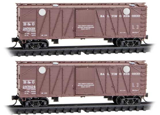 Micro-Trains 40' Wood Boxcar Cement Hopper 2-Pack in Jewel Cases - Ready to Run -- Baltimore & Ohio #287024, 287039 (Boxcar Red, with Unassembled Loading Hatch - 489-98302210