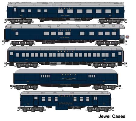 Micro-Trains Wabash Cannonball Heavyweight Car Set - Jewel Cases Ready to Run -- 1 Each: RPO, Baggage, 3-2 Obs, 78' Paired-Window Coach, Diner, Wabash - 489-98302211