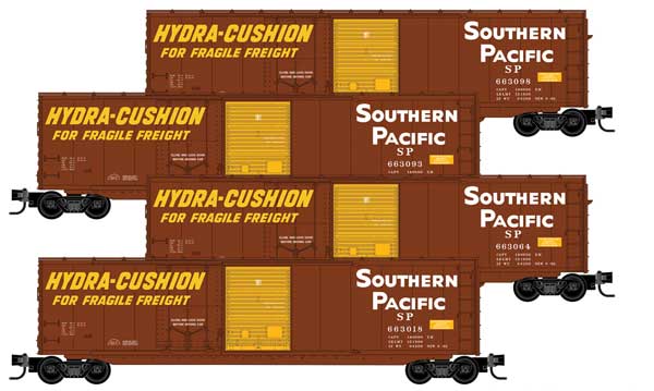 Micro-Train N 50' Plug & Sliding Door Boxcar No Roofwalk 4-Pack Jewel Case - Ready to Run -- Southern Pacific #663098, 663083, 663064, 663018 (Boxcar Red, white, yellow) - 489-98302216