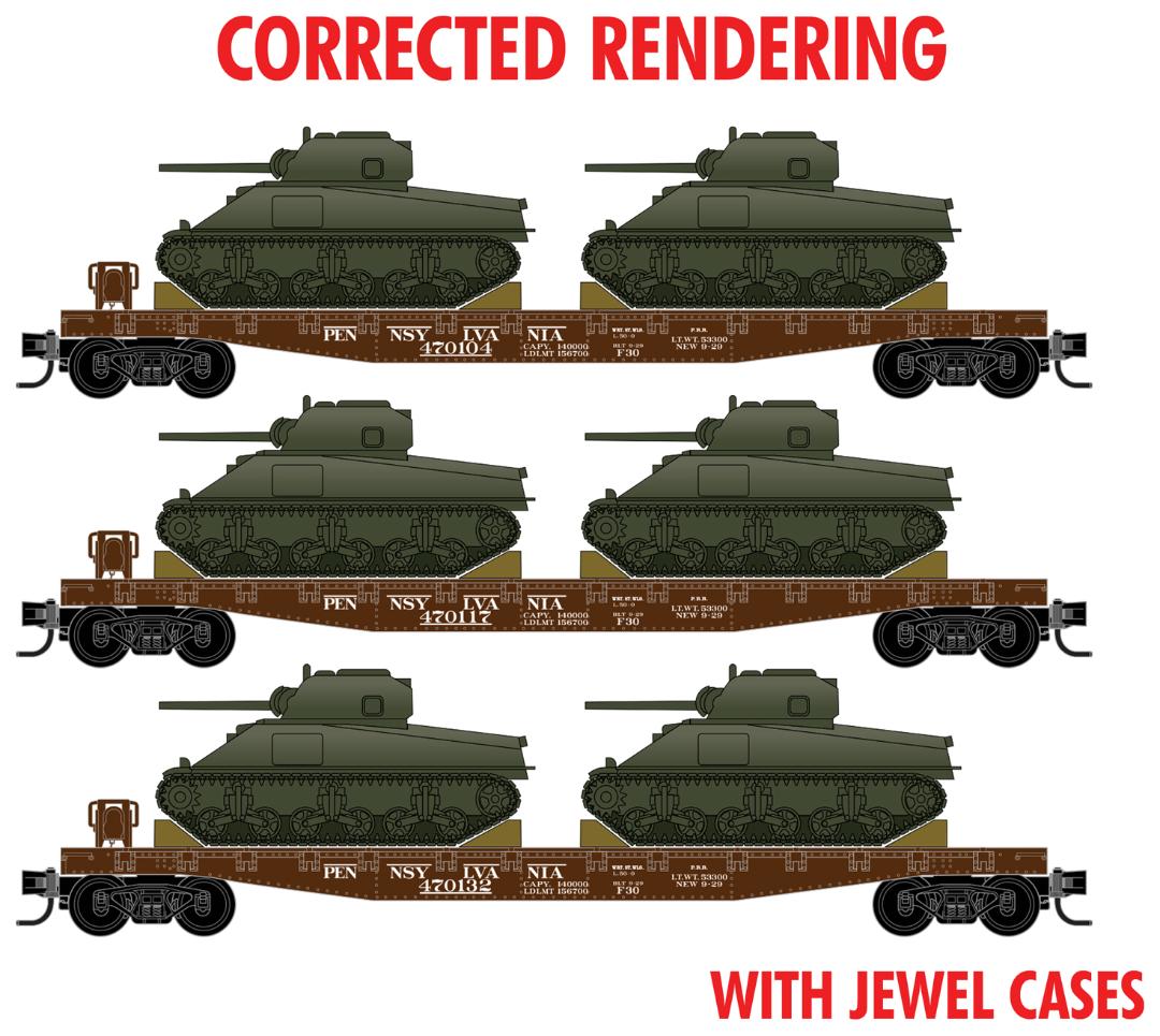 Micro-Train N 50' Fishbelly-Side Flatcar w/M4 Sherman Tank 4-Pack Jewel Case - Ready to Run -- Pennsylvania Railroad (Tuscan, Undecorated Tank Load Kit) - 489-98302217